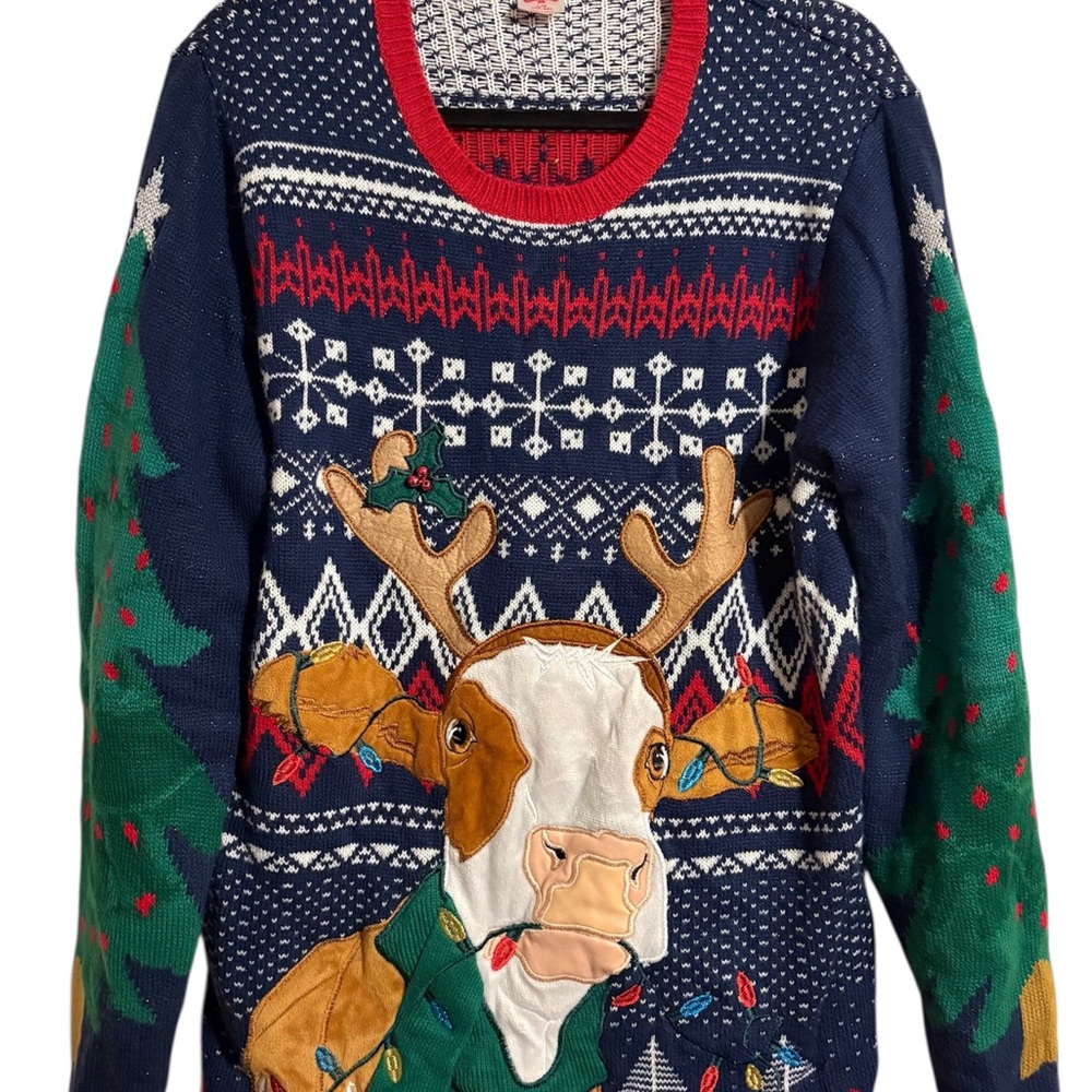 Brown Cow Reindeer Colorful Lights Glitter Ugly Christmas Sweater - Size L